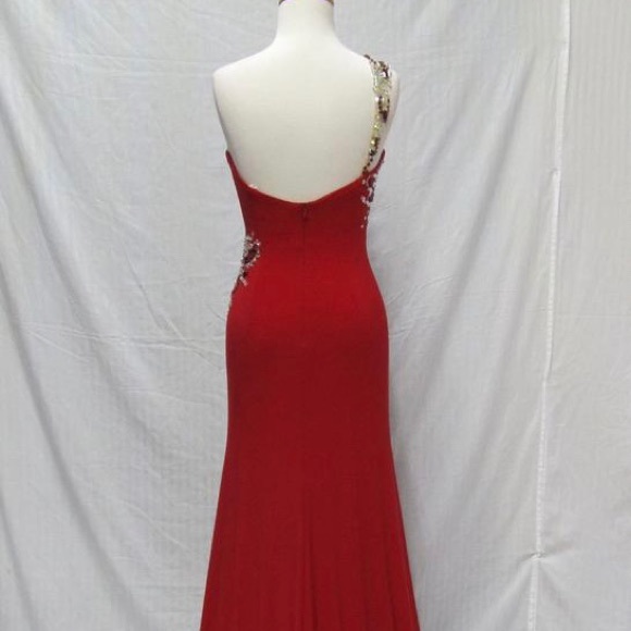 Party Time Formals - Red long Evening Prom gown rhinestones with train - Picture 8 of 12